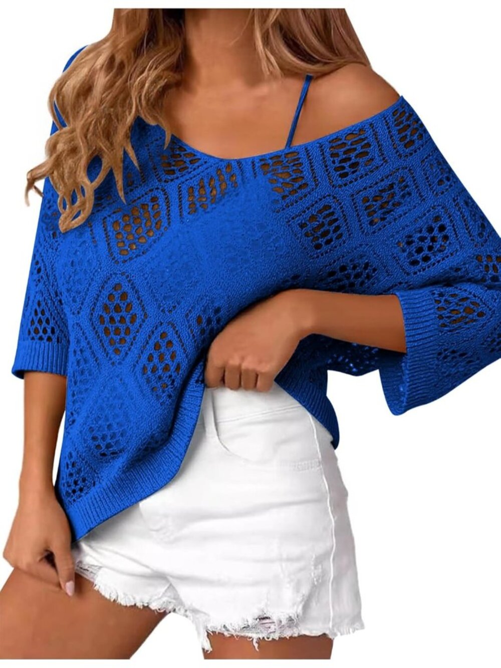 🆕Women's Royal Blue Sleeve Crochet Tops Summer V Neck Beach Cover Ups Casual
